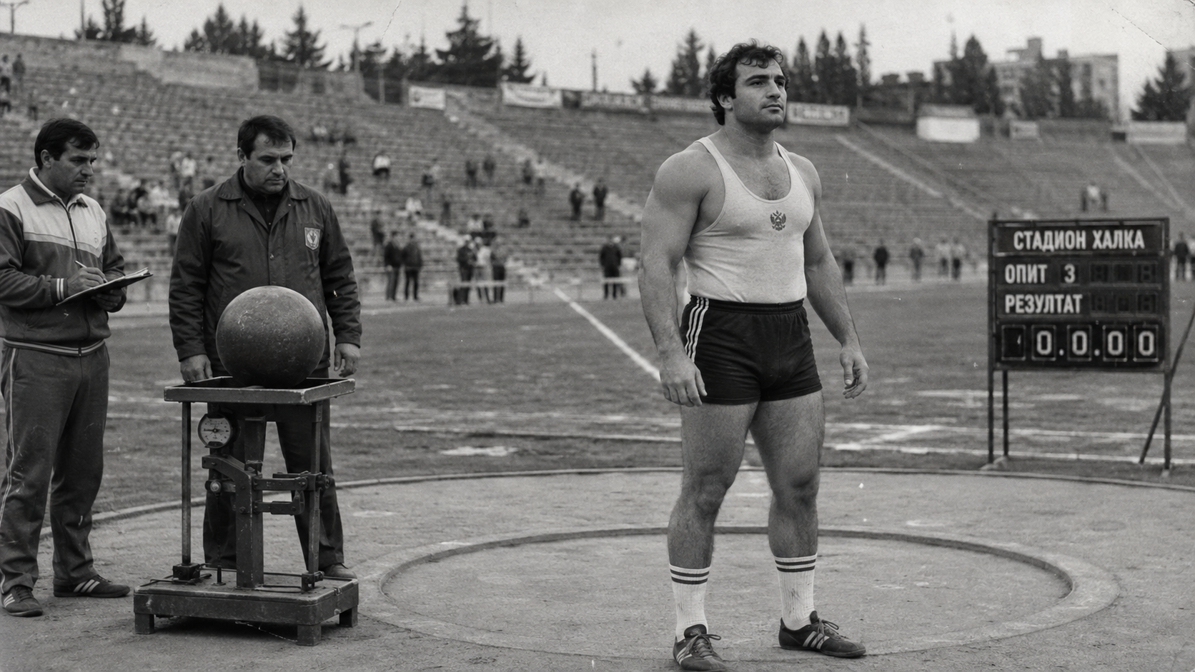 George Trifanov standing in the launch circle beside officials weighing a cannonball at Stadium Halka